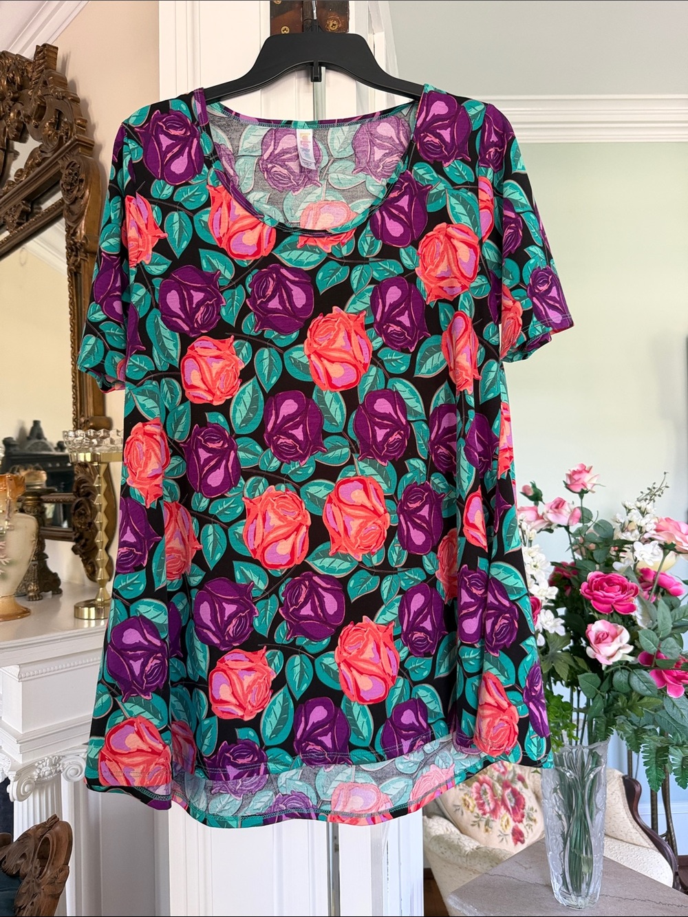 LuLaRoe Black Scoop Neck Tunic with Coral, Pink & Purple Rose Print
